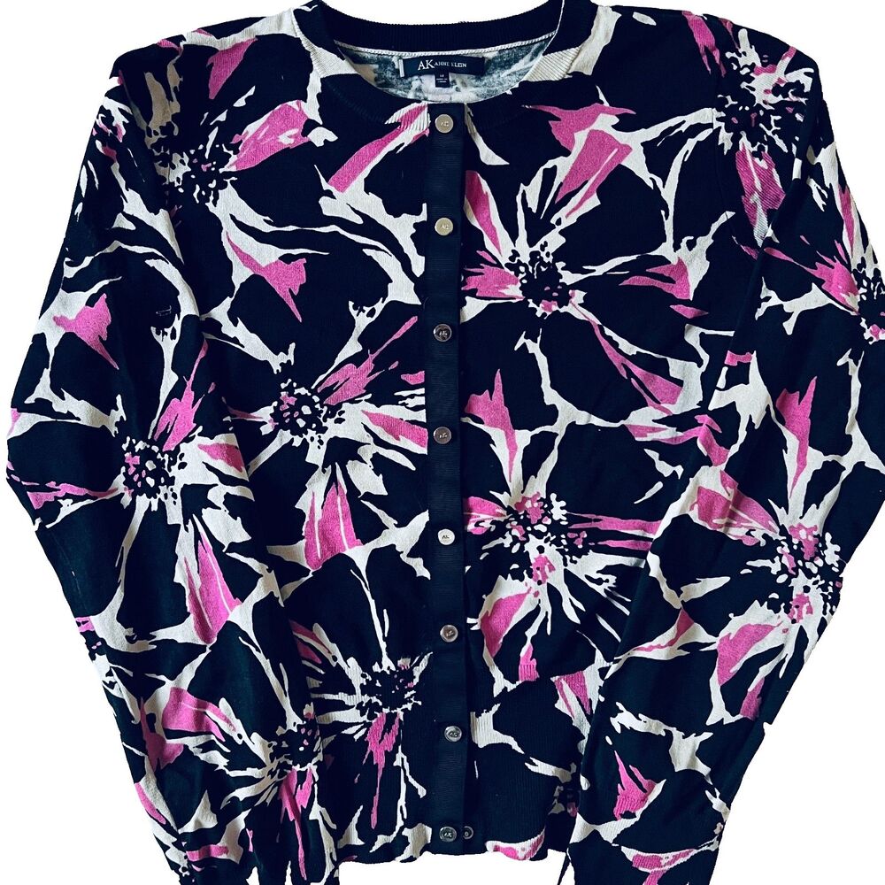 AK ANNE KLEIN Womens Cardigan Sweater M Silk blend Long Sleeve Floral Black Pink